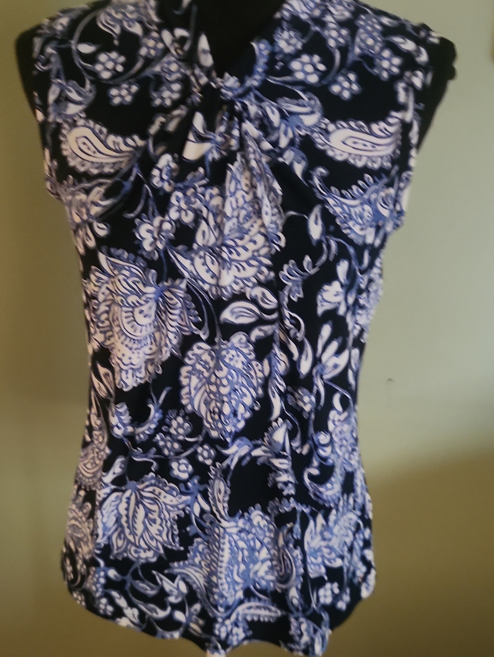 Tommy Hilfiger Navy and White Floral Paisley Tie-Neck Shell